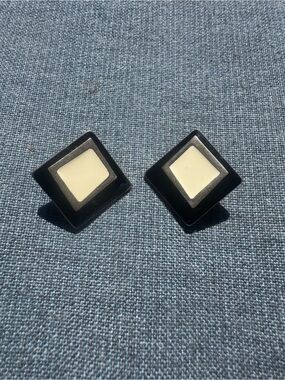 Vintage Black and Cream Square Clip-On Earrings